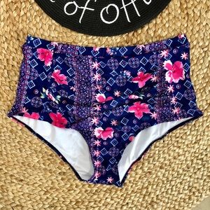 PZZ Beach | Blue Floral High Waisted Swim Bottoms